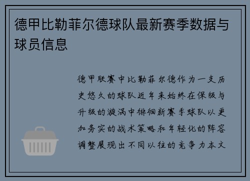 德甲比勒菲尔德球队最新赛季数据与球员信息
